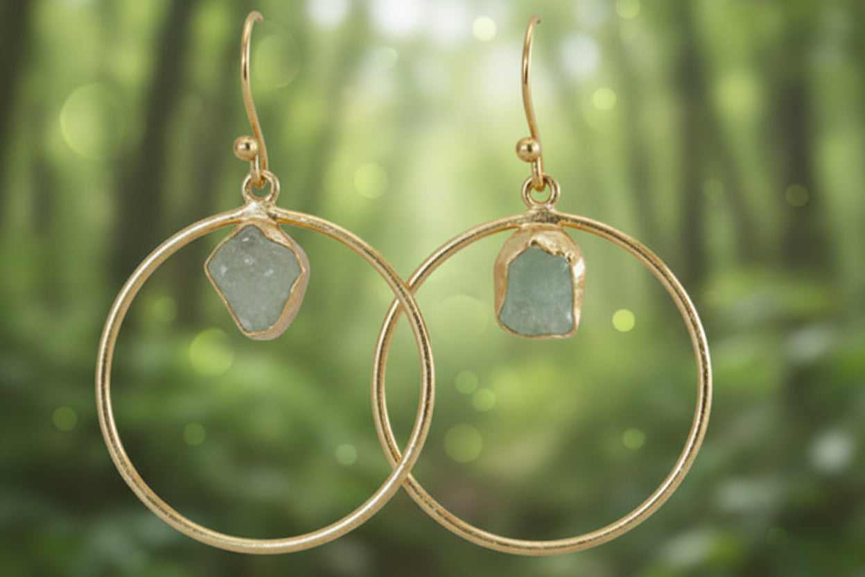 Holiday Gold Hoop Earrings • Raw Green Stone Dangle Earrings • Festive Party Jewelry • Elegant Lightweight Gift for Her
