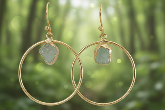 Holiday Gold Hoop Earrings • Raw Green Stone Dangle Earrings • Festive Party Jewelry • Elegant Lightweight Gift for Her