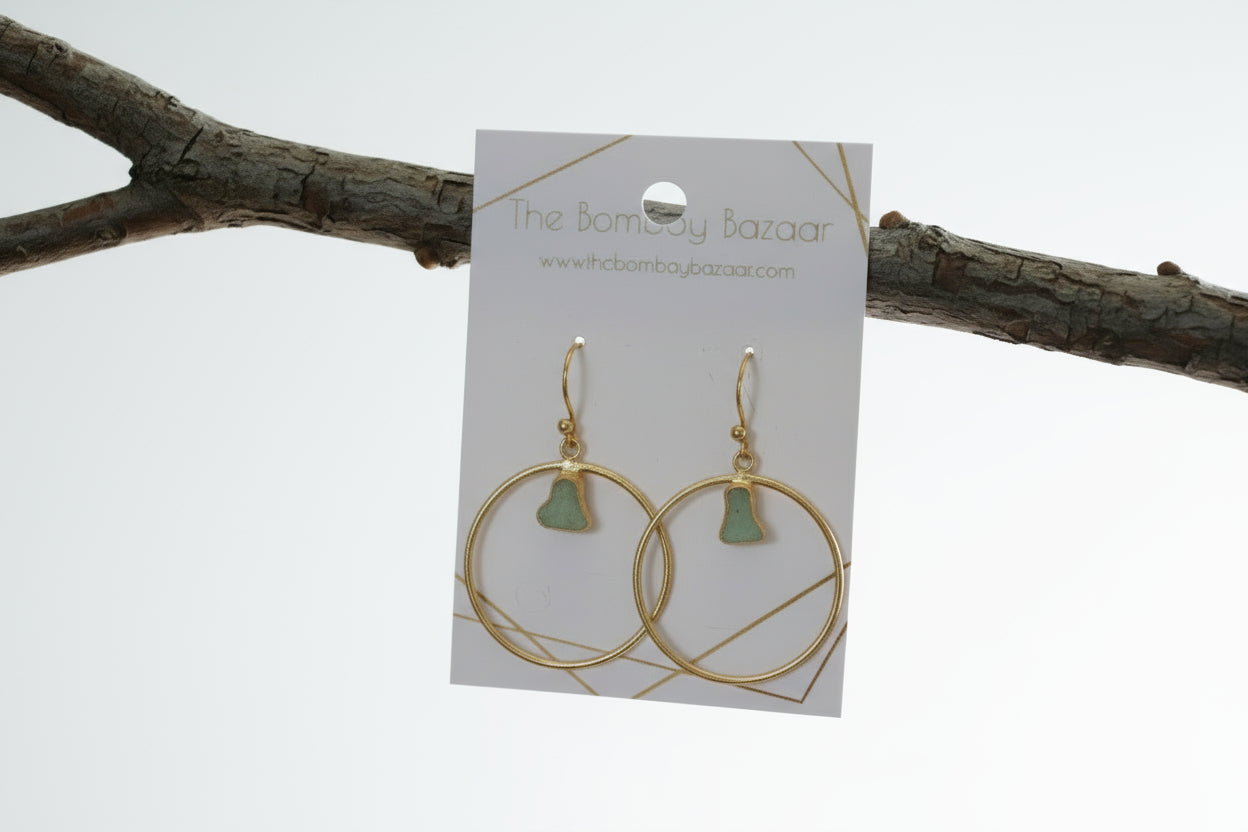 Holiday Gold Hoop Earrings • Raw Green Stone Dangle Earrings • Festive Party Jewelry • Elegant Lightweight Gift for Her
