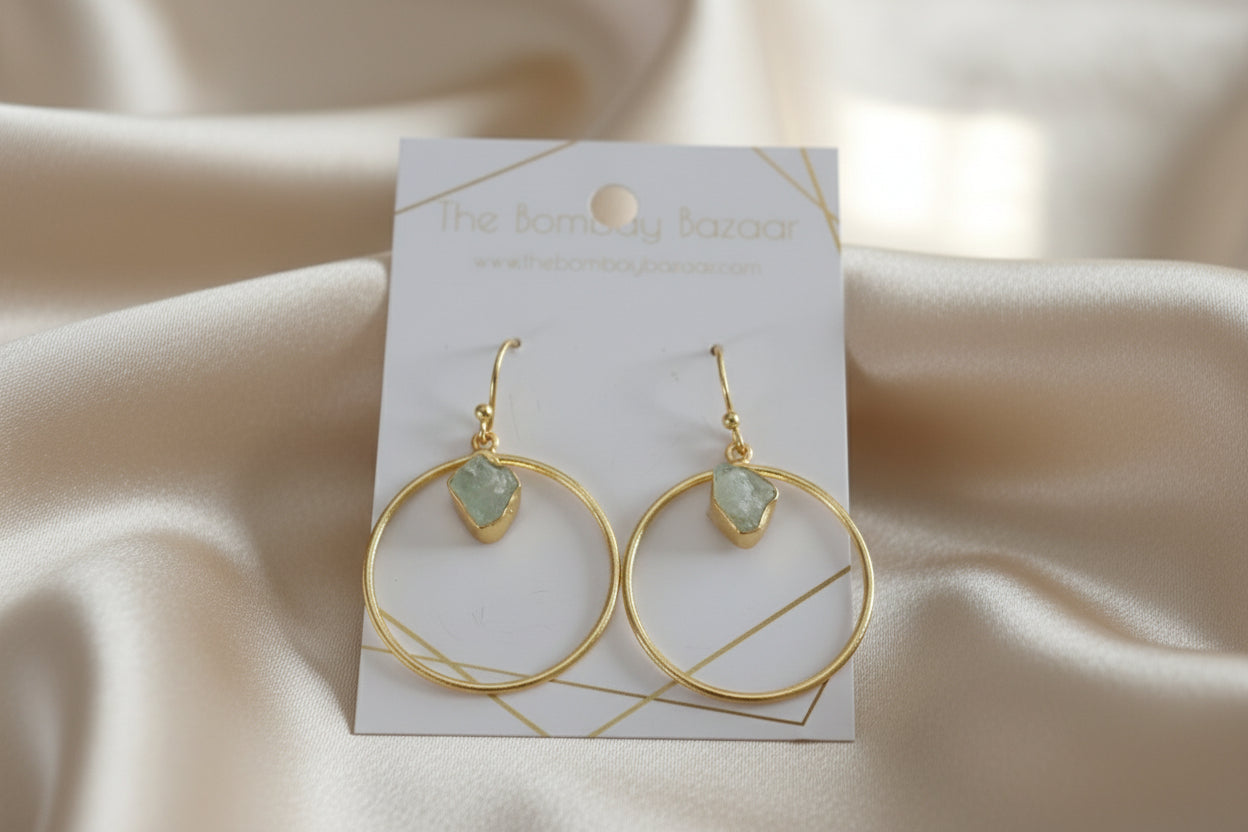 Holiday Gold Hoop Earrings • Raw Green Stone Dangle Earrings • Festive Party Jewelry • Elegant Lightweight Gift for Her