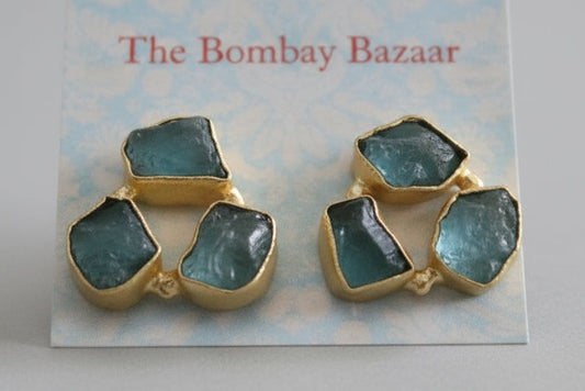 Raw Green Quartz Stud Earrings • Gold Trimmed Gemstone Studs • Natural Stone Jewelry • Everyday Dainty Earrings • Gift for Her