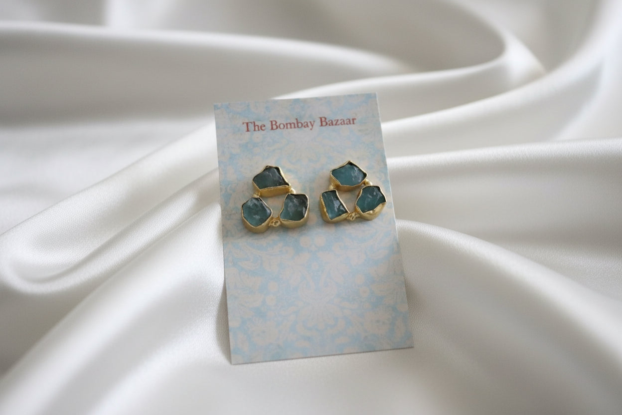 Raw Green Quartz Stud Earrings • Gold Trimmed Gemstone Studs • Natural Stone Jewelry • Everyday Dainty Earrings • Gift for Her