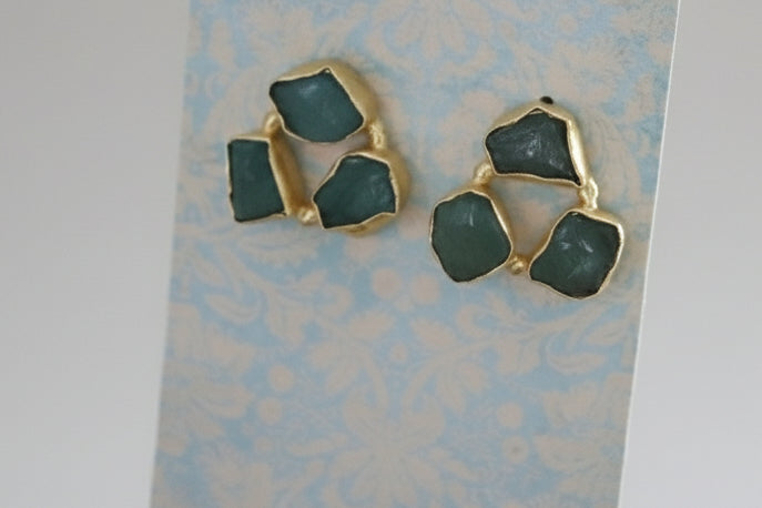 Raw Green Quartz Stud Earrings • Gold Trimmed Gemstone Studs • Natural Stone Jewelry • Everyday Dainty Earrings • Gift for Her