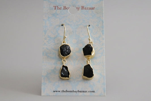 Black Raw Stone Drop Earrings • Gold Dangle Earrings • Natural Gemstone Jewelry • Modern Statement Earrings