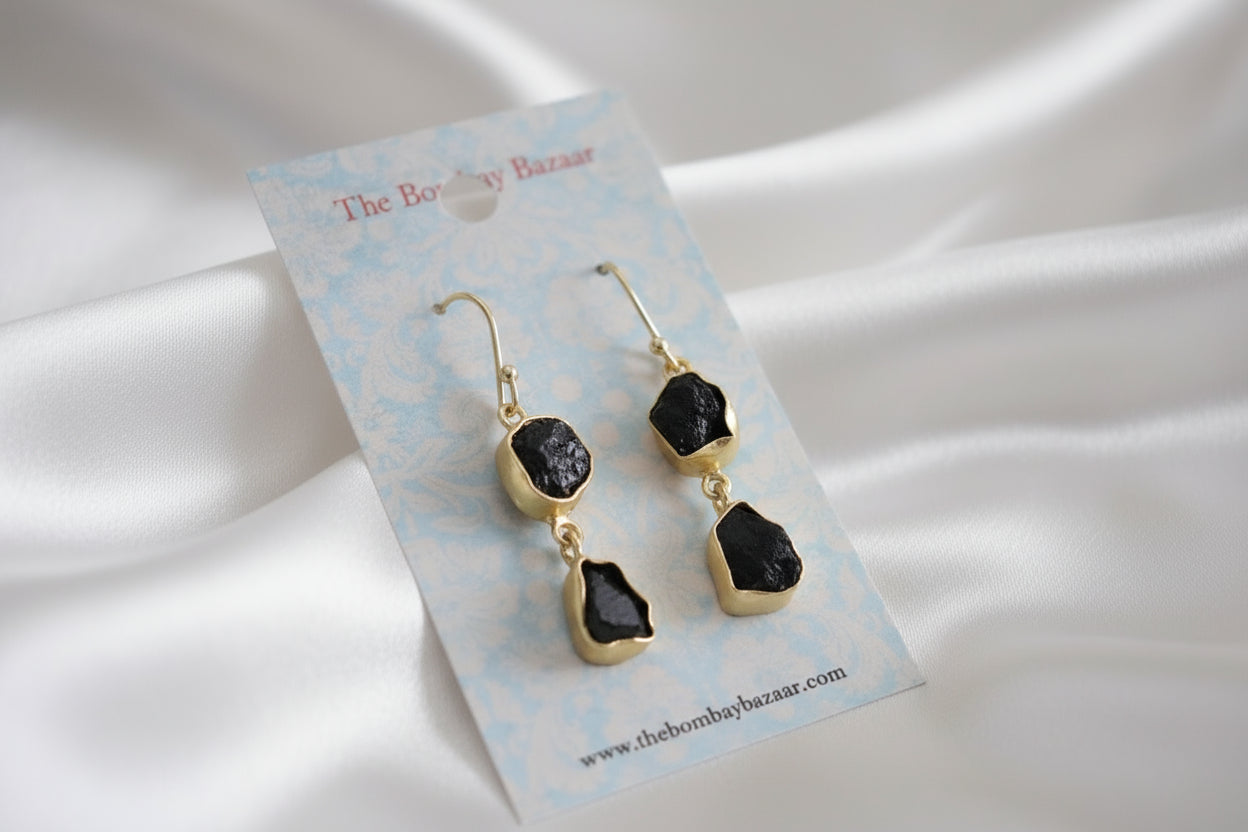 Black Raw Stone Drop Earrings • Gold Dangle Earrings • Natural Gemstone Jewelry • Modern Statement Earrings