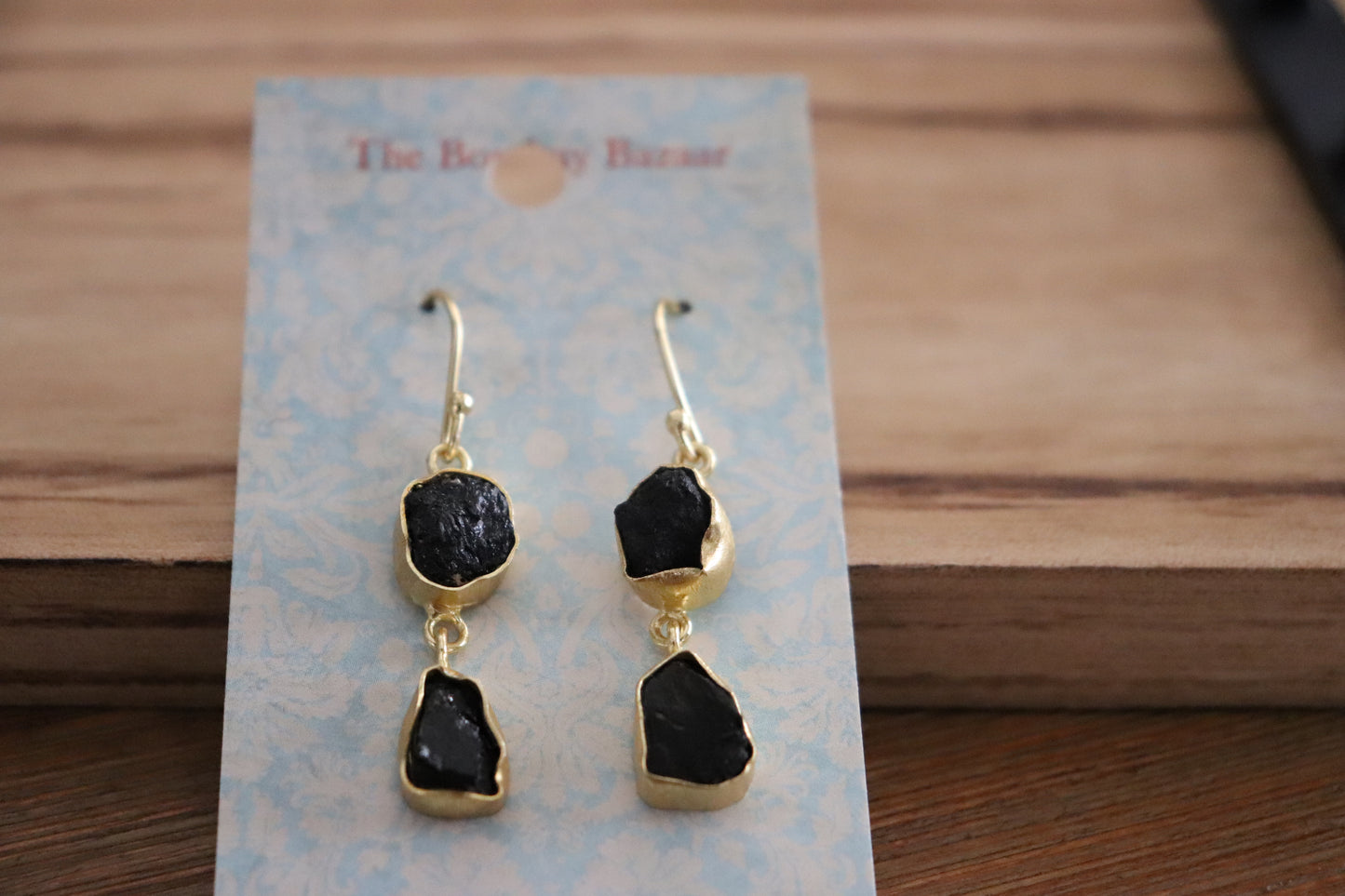 Black Raw Stone Drop Earrings • Gold Dangle Earrings • Natural Gemstone Jewelry • Modern Statement Earrings
