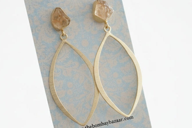 Gold Marquise Dangle Earrings • Raw Stone Drop Earrings • Elegant Lightweight Jewelry • Everyday Statement Earrings • Gift for Her
