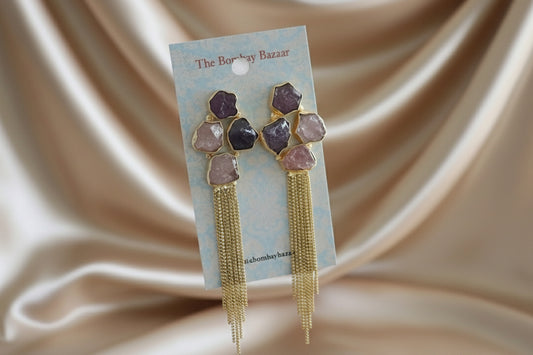 Raw Gemstone Tassel Earrings • Gold Chain Statement Earrings • Glam Jewelry • Long Dangle Earrings • Holiday & Party Gift for Her