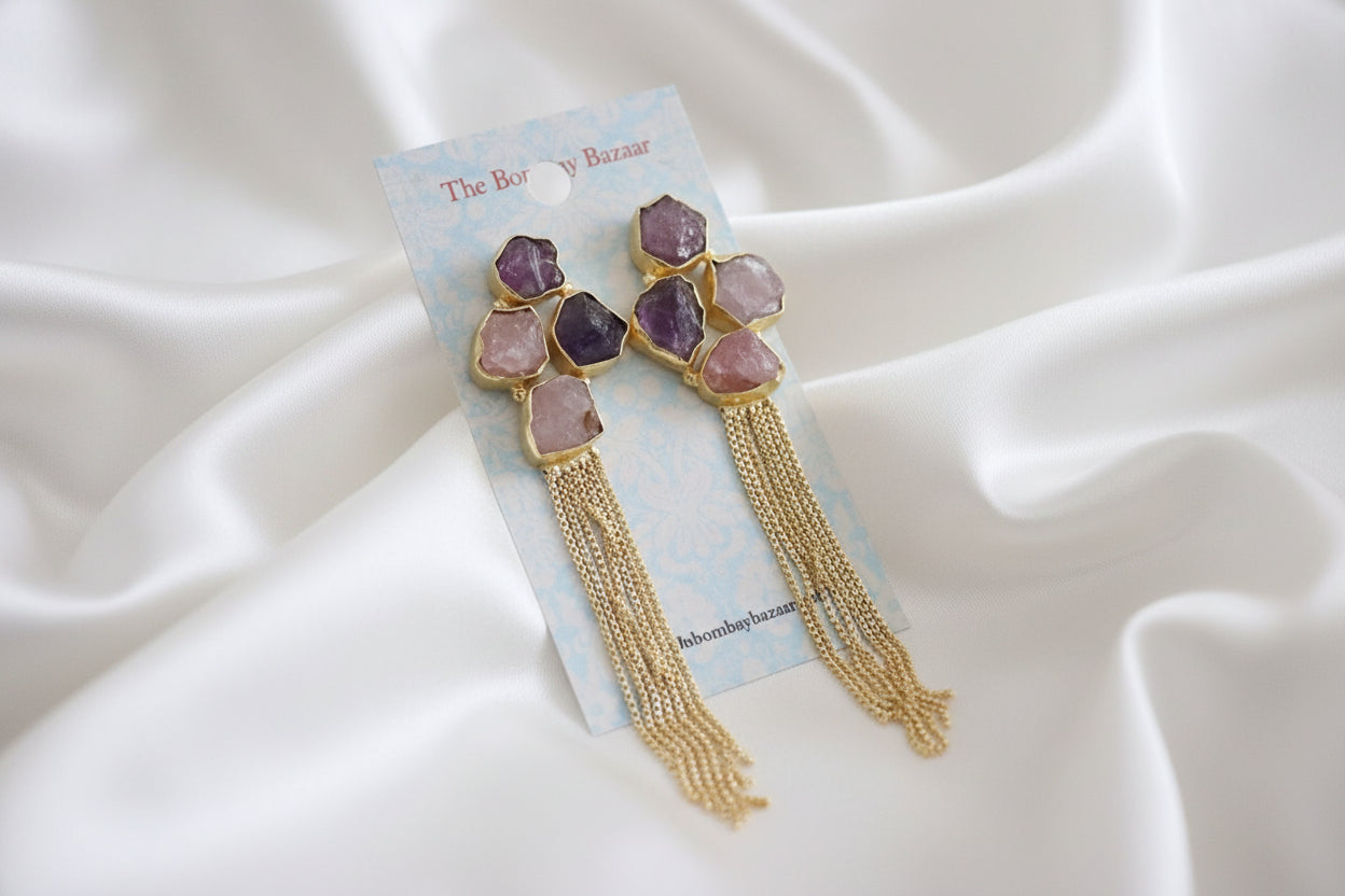 Raw Gemstone Tassel Earrings • Gold Chain Statement Earrings • Glam Jewelry • Long Dangle Earrings • Holiday & Party Gift for Her