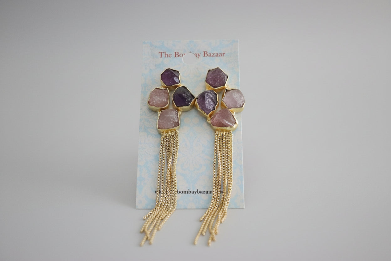 Raw Gemstone Tassel Earrings • Gold Chain Statement Earrings • Glam Jewelry • Long Dangle Earrings • Holiday & Party Gift for Her