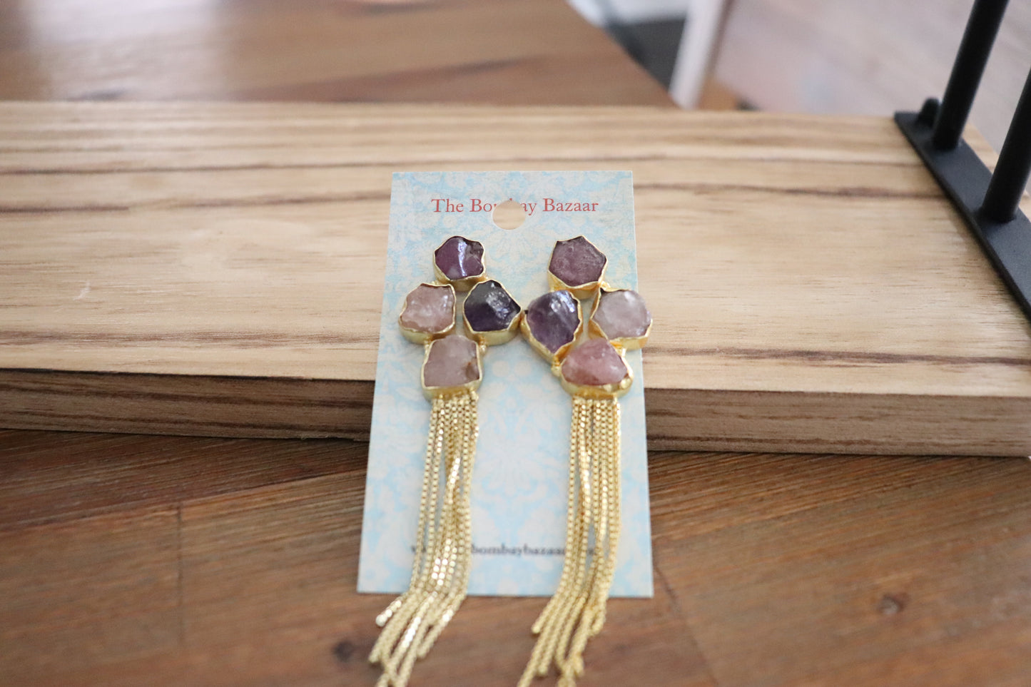 Raw Gemstone Tassel Earrings • Gold Chain Statement Earrings • Glam Jewelry • Long Dangle Earrings • Holiday & Party Gift for Her