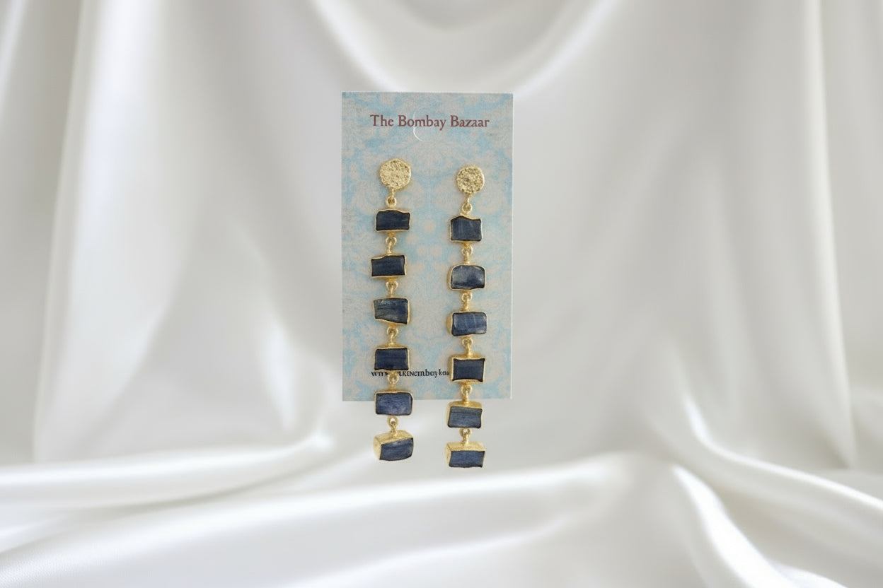 Long Blue Gemstone Earrings • Gold Statement Dangle Earrings • Raw Stone Drops • Elegant Evening Jewelry • Gift for Her