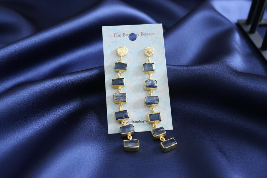 Long Blue Gemstone Earrings • Gold Statement Dangle Earrings • Raw Stone Drops • Elegant Evening Jewelry • Gift for Her