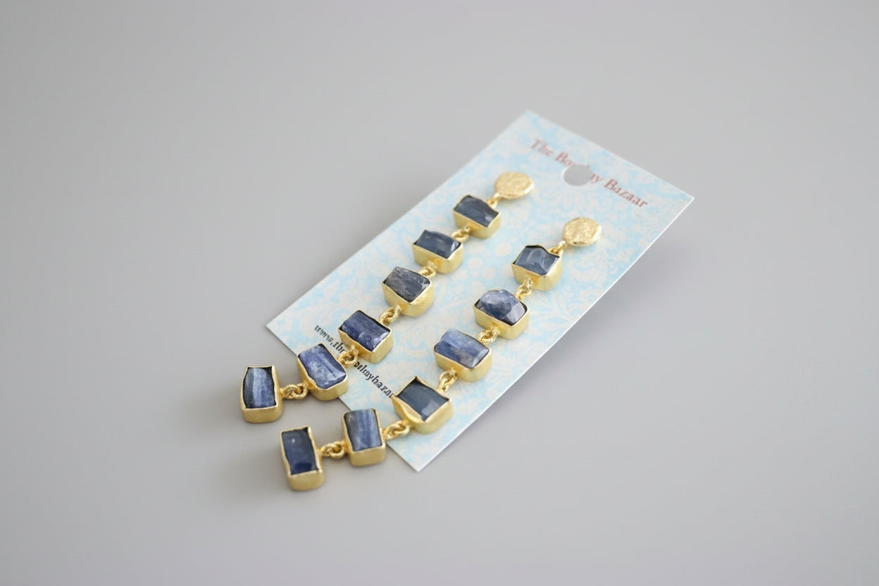 Long Blue Gemstone Earrings • Gold Statement Dangle Earrings • Raw Stone Drops • Elegant Evening Jewelry • Gift for Her