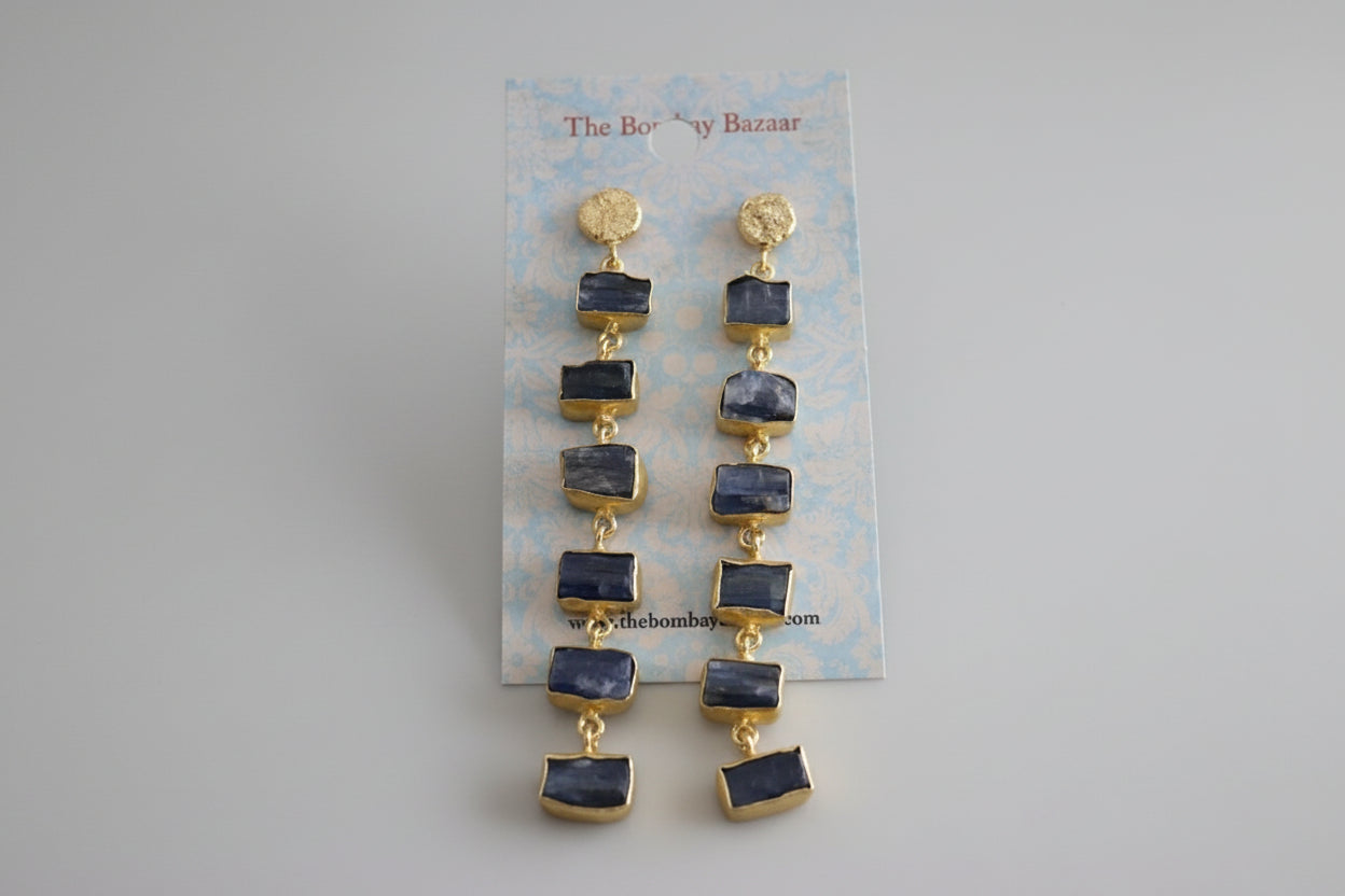 Long Blue Gemstone Earrings • Gold Statement Dangle Earrings • Raw Stone Drops • Elegant Evening Jewelry • Gift for Her