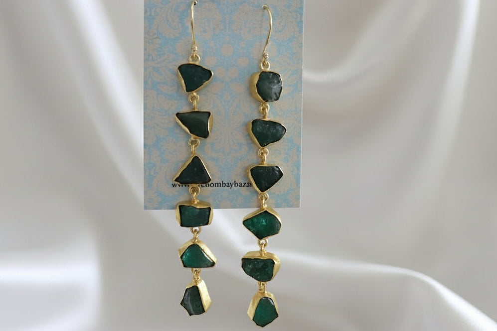 Long Raw Green Stone Earrings • Gold Dangle Statement Earrings • Natural Gemstone Jewelry