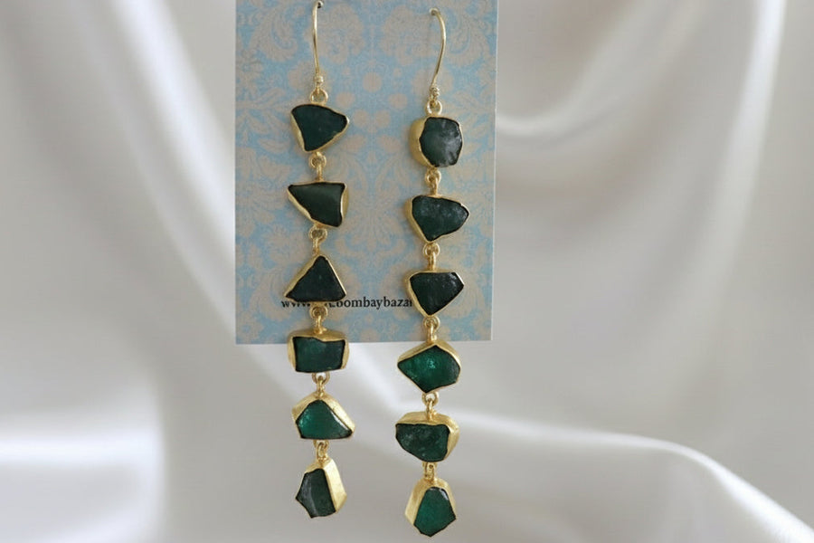 Long Raw Green Stone Earrings • Gold Dangle Statement Earrings • Natural Gemstone Jewelry