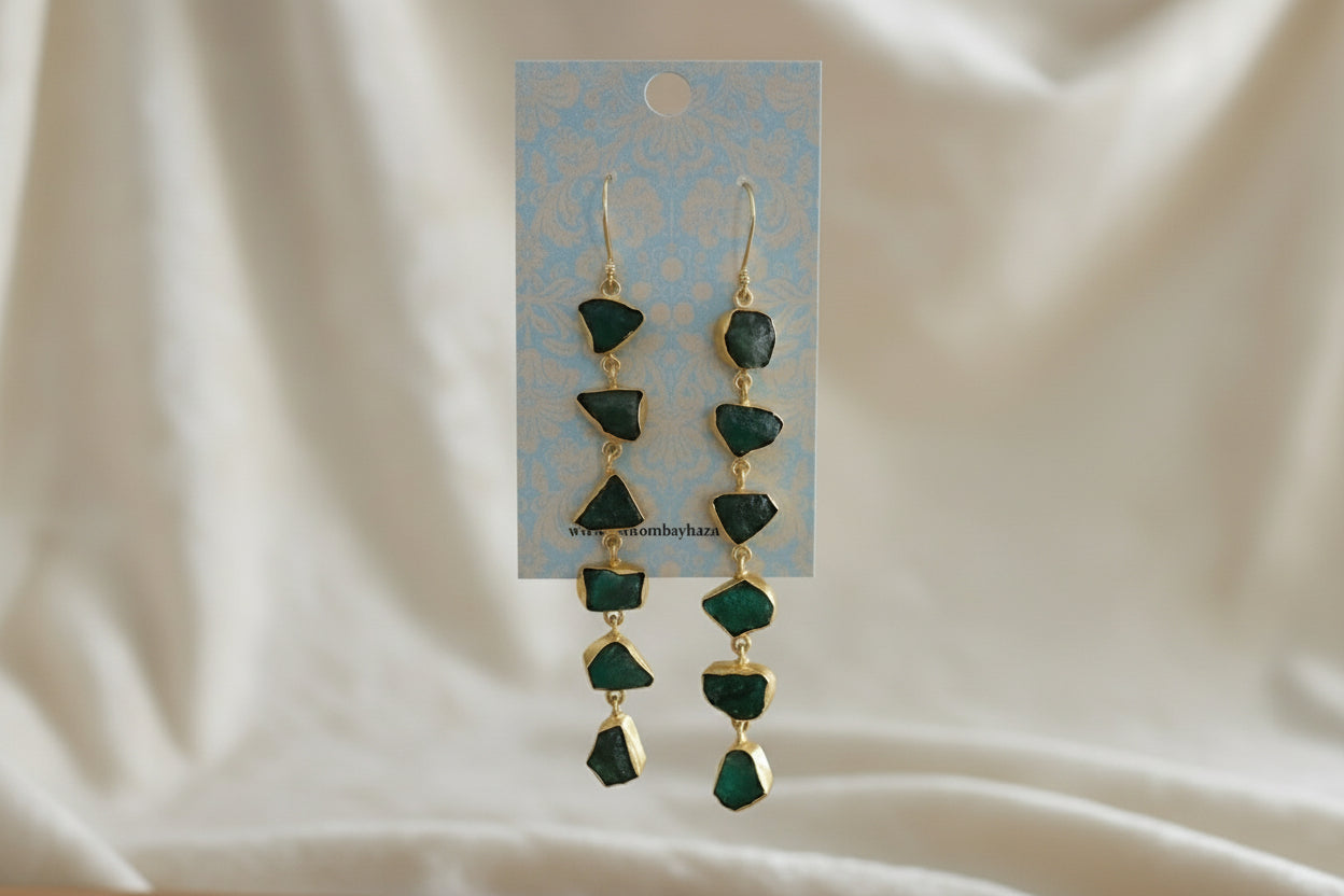 Long Raw Green Stone Earrings • Gold Dangle Statement Earrings • Natural Gemstone Jewelry