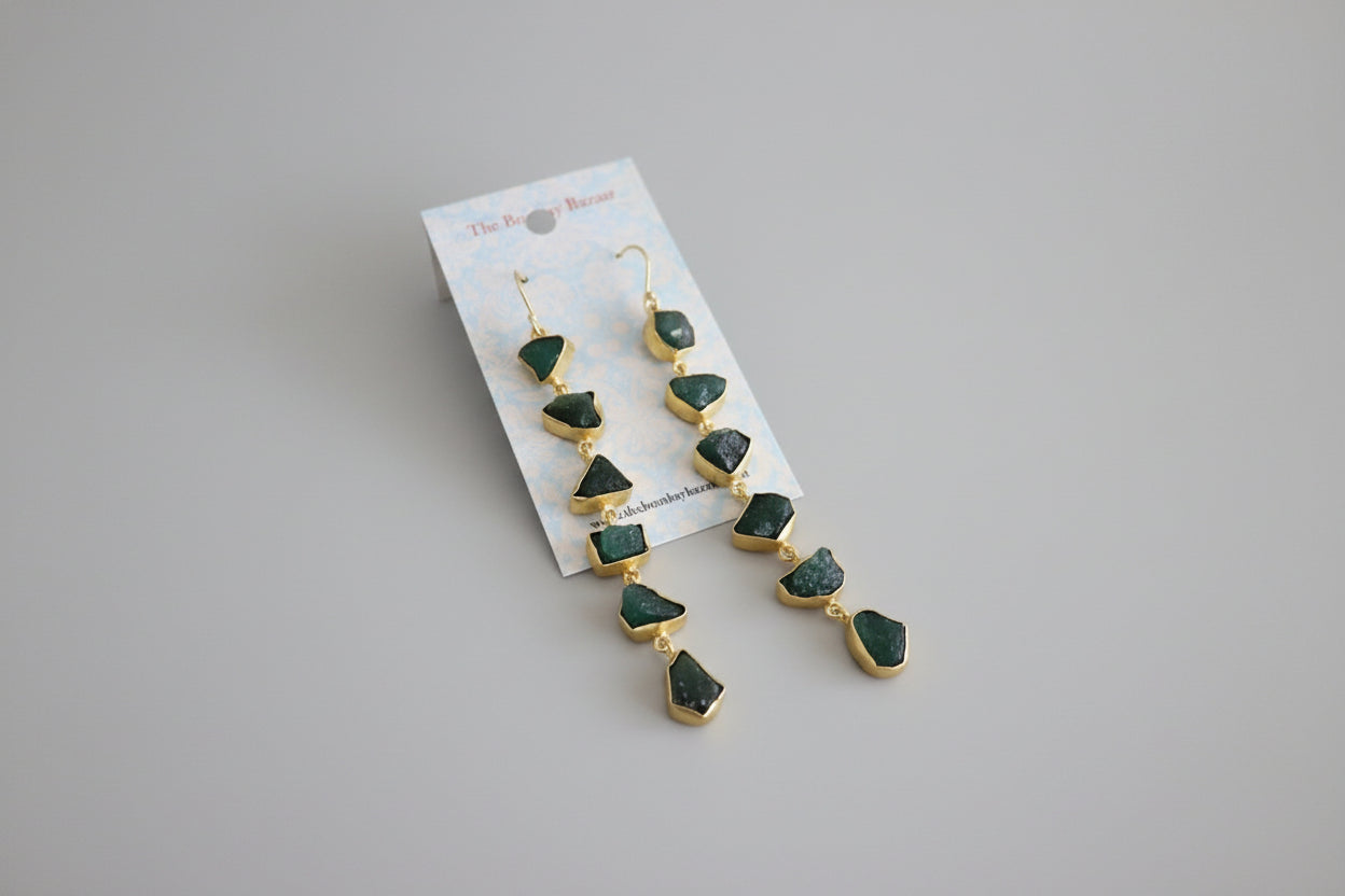 Long Raw Green Stone Earrings • Gold Dangle Statement Earrings • Natural Gemstone Jewelry