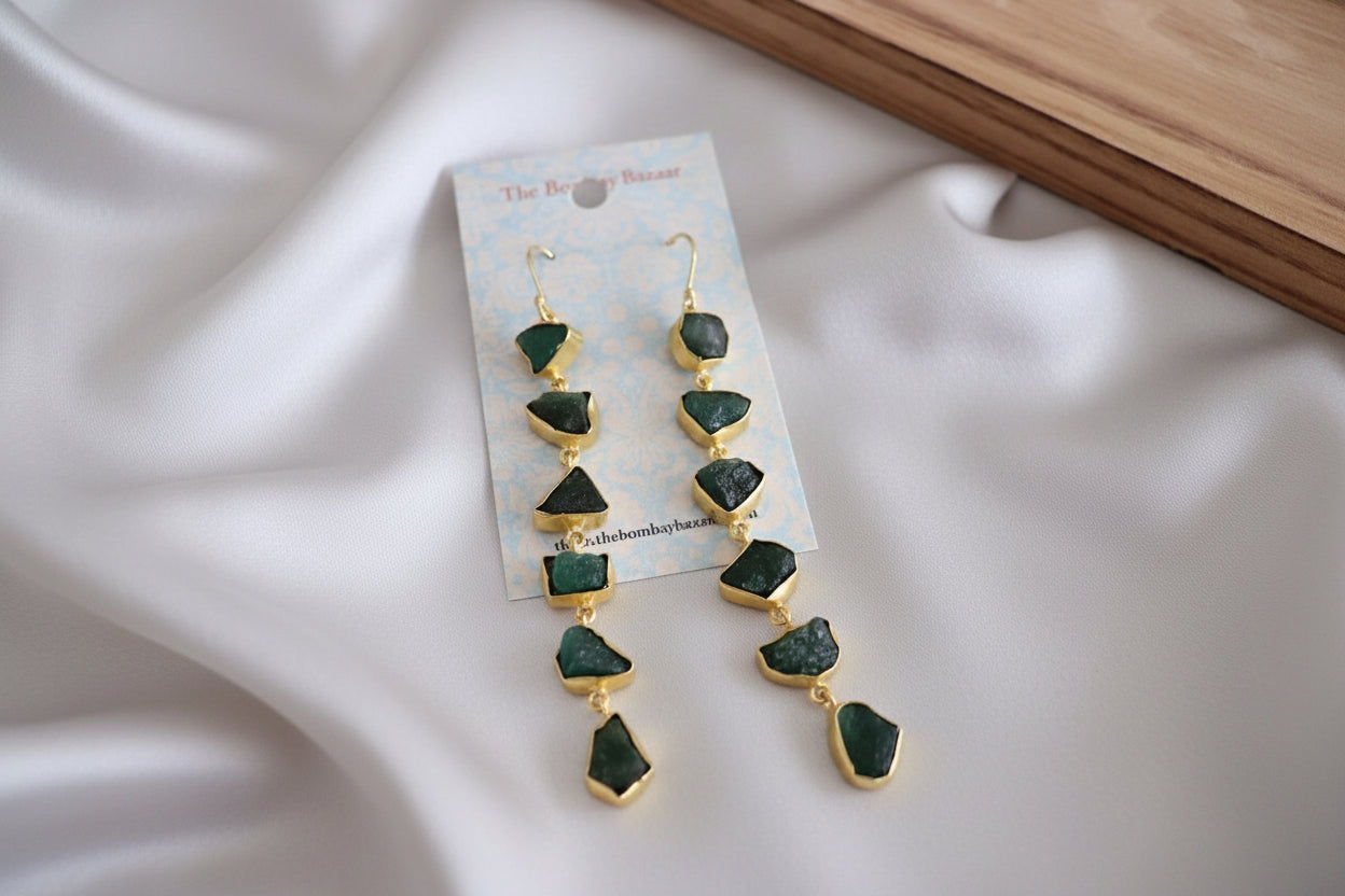 Long Raw Green Stone Earrings • Gold Dangle Statement Earrings • Natural Gemstone Jewelry