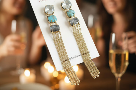 Long Gemstone Tassel Earrings • Gold Chain Statement Earrings • Modern Elegant Jewelry • Blue Stone Drops