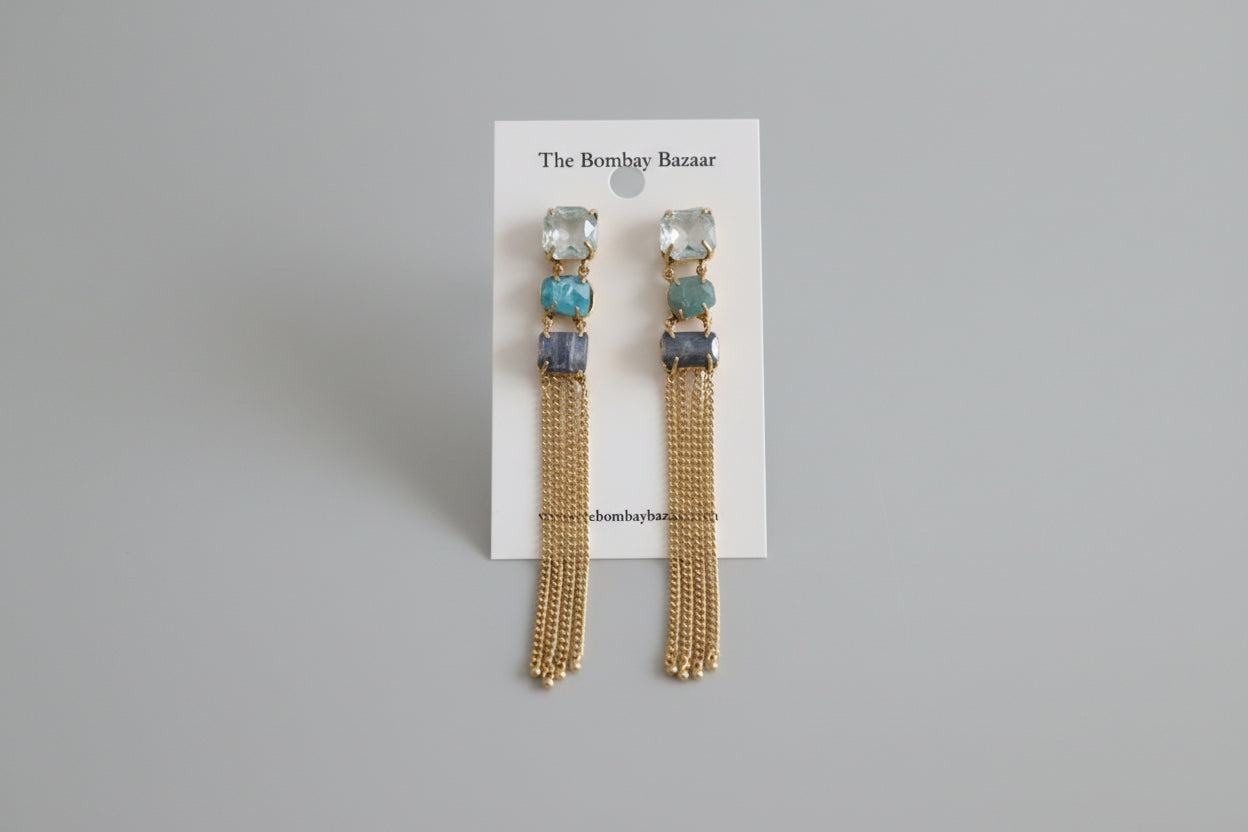 Long Gemstone Tassel Earrings • Gold Chain Statement Earrings • Modern Elegant Jewelry • Blue Stone Drops