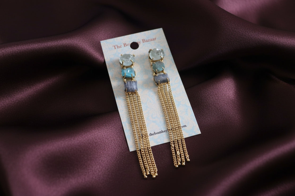 Long Gemstone Tassel Earrings • Gold Chain Statement Earrings • Modern Elegant Jewelry • Blue Stone Drops