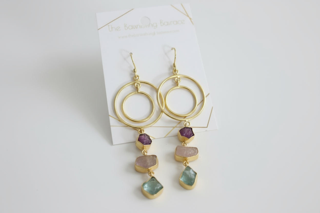 Gold Hoop Gemstone Earrings • Raw Stone Dangle Earrings • Modern Statement Jewelry • Mixed Gemstone Drops