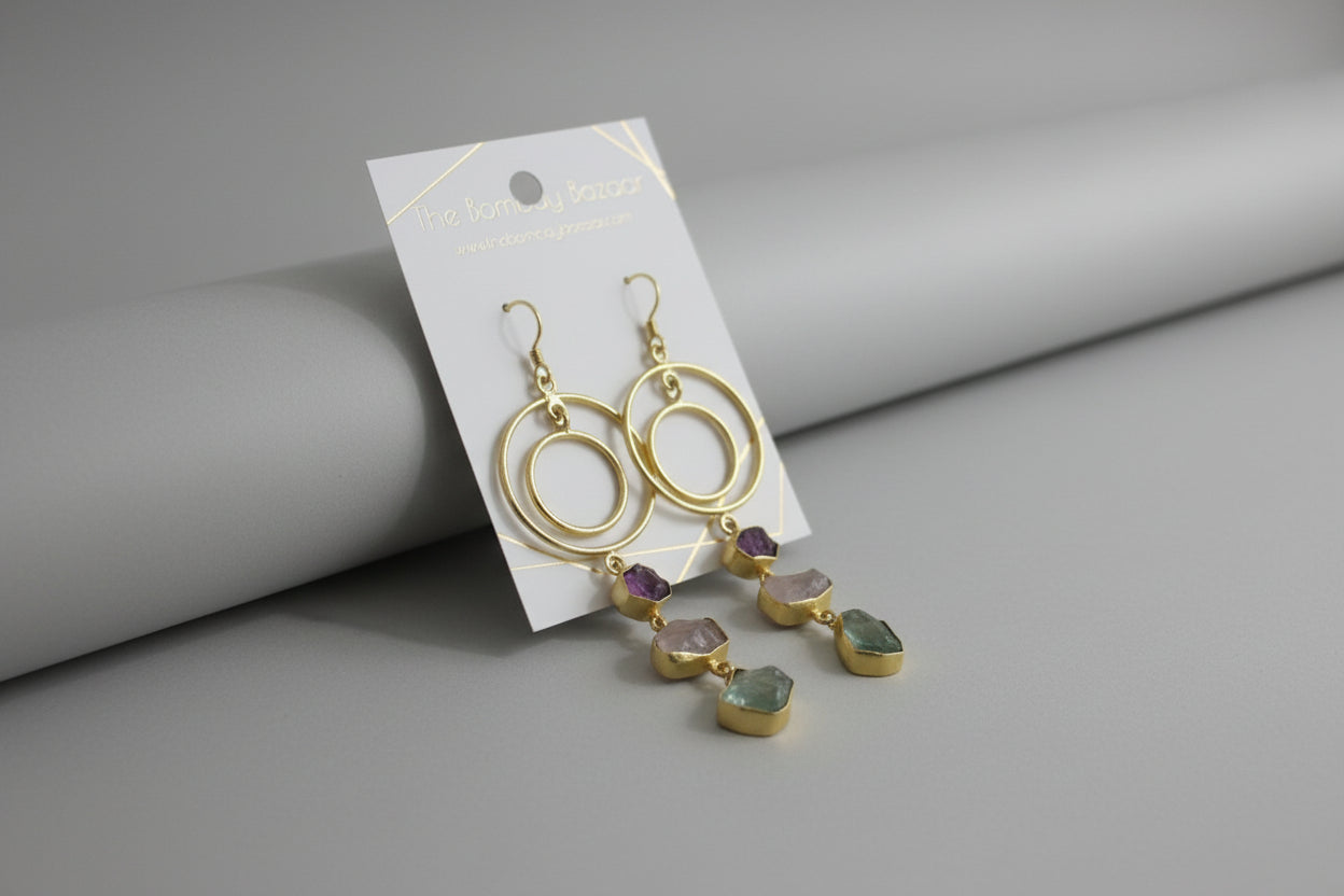 Gold Hoop Gemstone Earrings • Raw Stone Dangle Earrings • Modern Statement Jewelry • Mixed Gemstone Drops