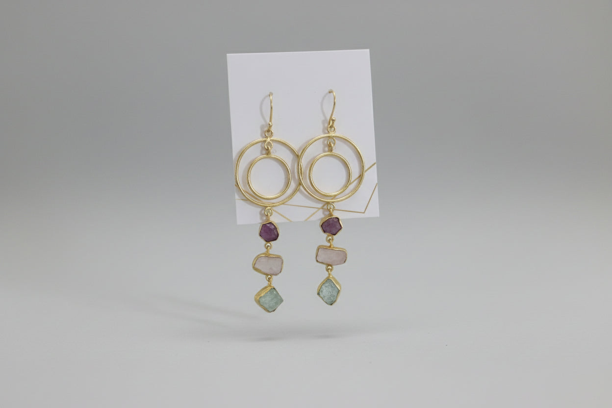 Gold Hoop Gemstone Earrings • Raw Stone Dangle Earrings • Modern Statement Jewelry • Mixed Gemstone Drops
