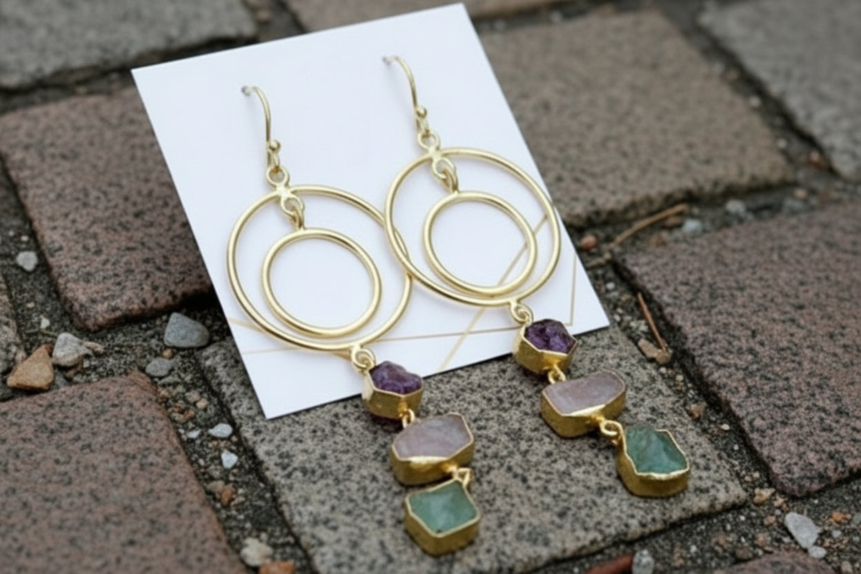 Gold Hoop Gemstone Earrings • Raw Stone Dangle Earrings • Modern Statement Jewelry • Mixed Gemstone Drops