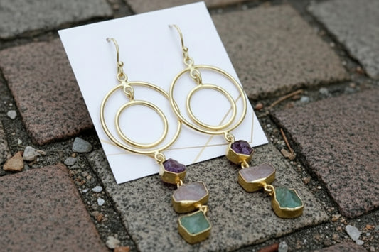 Gold Hoop Gemstone Earrings • Raw Stone Dangle Earrings • Modern Statement Jewelry • Mixed Gemstone Drops