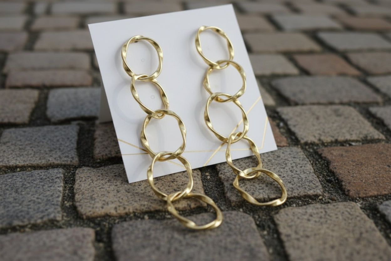 Gold Link Statement Earrings • Modern Long Dangle Earrings • Hammered Chain Drops • Lightweight Elegant Jewelry