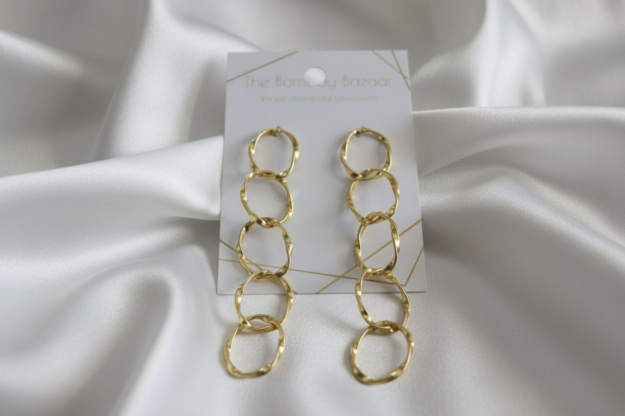 Gold Link Statement Earrings • Modern Long Dangle Earrings • Hammered Chain Drops • Lightweight Elegant Jewelry