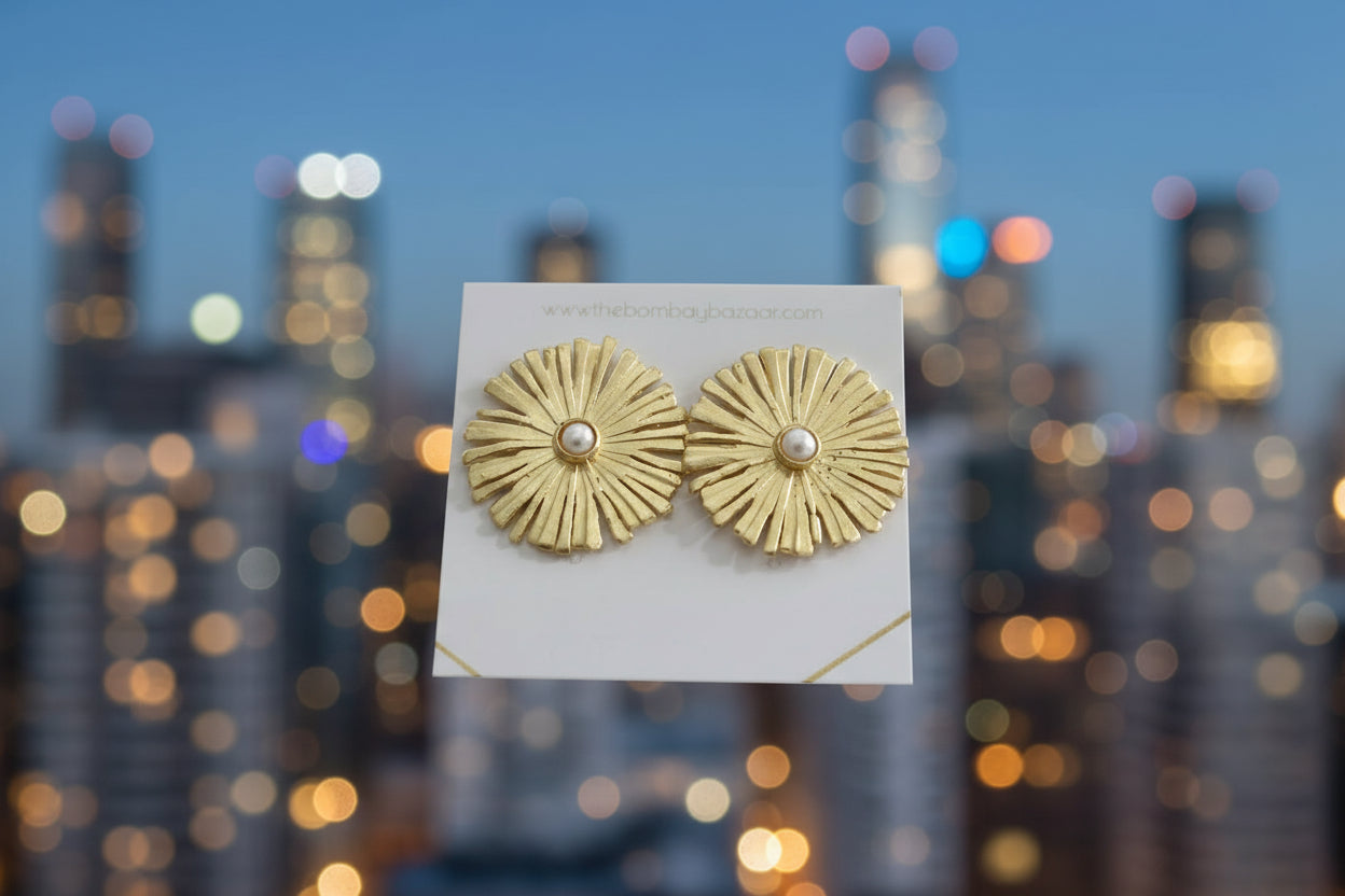 Gold Flower Statement Earrings • Pearl Center Studs • Holiday Party Jewelry • Elegant Bold Earrings