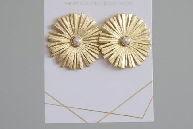 Gold Flower Statement Earrings • Pearl Center Studs • Holiday Party Jewelry • Elegant Bold Earrings