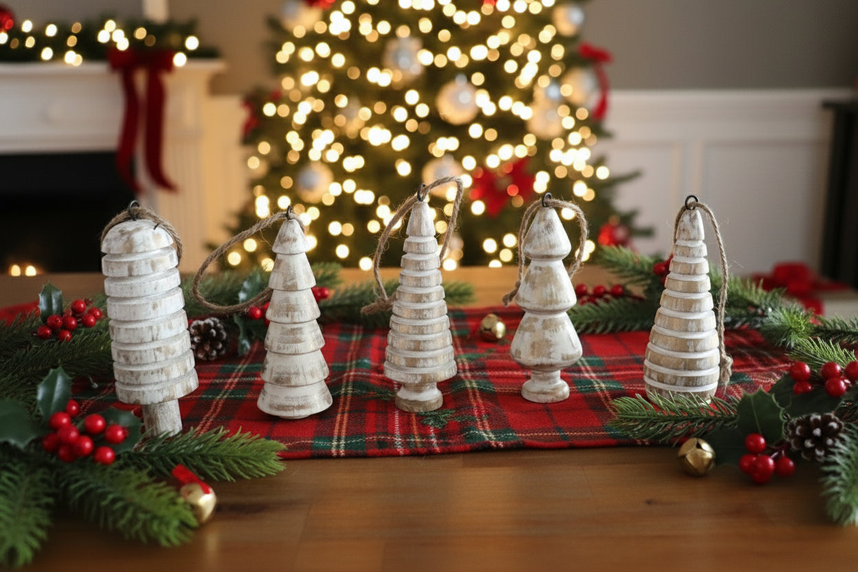 Set of 5 Scandinavian Wood Ornaments • Mango Wood Christmas Trees • Distressed White, Natural & Mixed Bundles • Nordic Holiday Décor