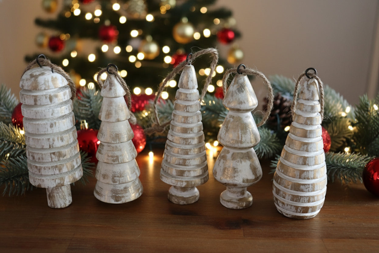 Set of 5 Scandinavian Wood Ornaments • Mango Wood Christmas Trees • Distressed White, Natural & Mixed Bundles • Nordic Holiday Décor