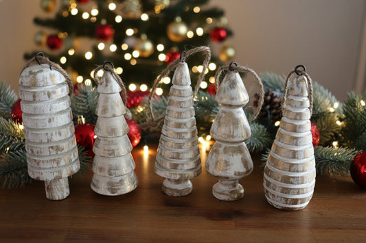 Set of 5 Scandinavian Wood Ornaments • Mango Wood Christmas Trees • Distressed White, Natural & Mixed Bundles • Nordic Holiday Décor