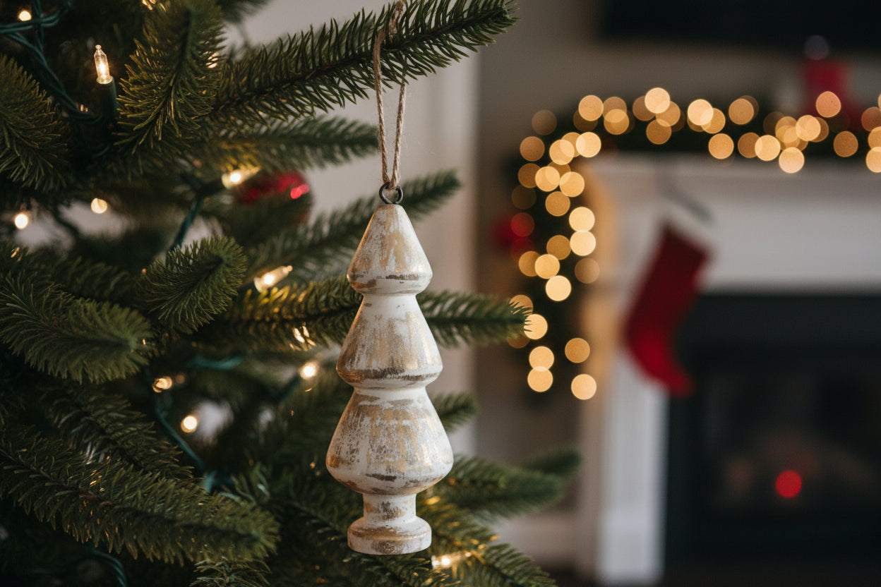 Set of 5 Scandinavian Wood Ornaments • Mango Wood Christmas Trees • Distressed White, Natural & Mixed Bundles • Nordic Holiday Décor