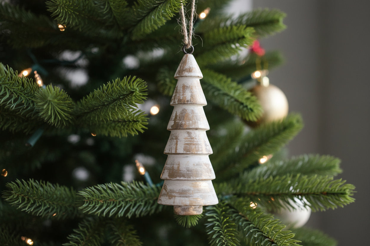 Set of 5 Scandinavian Wood Ornaments • Mango Wood Christmas Trees • Distressed White, Natural & Mixed Bundles • Nordic Holiday Décor