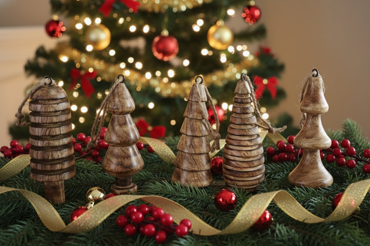 Set of 5 Scandinavian Wood Ornaments • Mango Wood Christmas Trees • Distressed White, Natural & Mixed Bundles • Nordic Holiday Décor