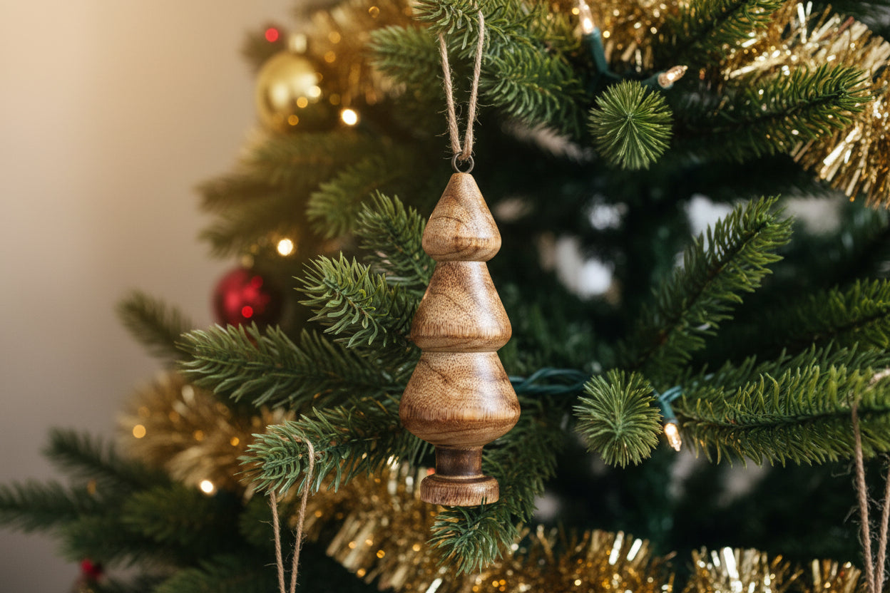 Set of 5 Scandinavian Wood Ornaments • Mango Wood Christmas Trees • Distressed White, Natural & Mixed Bundles • Nordic Holiday Décor