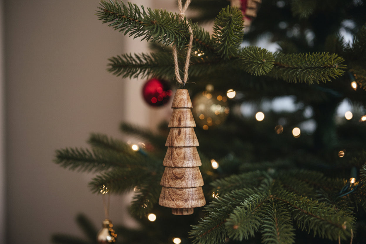 Set of 5 Scandinavian Wood Ornaments • Mango Wood Christmas Trees • Distressed White, Natural & Mixed Bundles • Nordic Holiday Décor