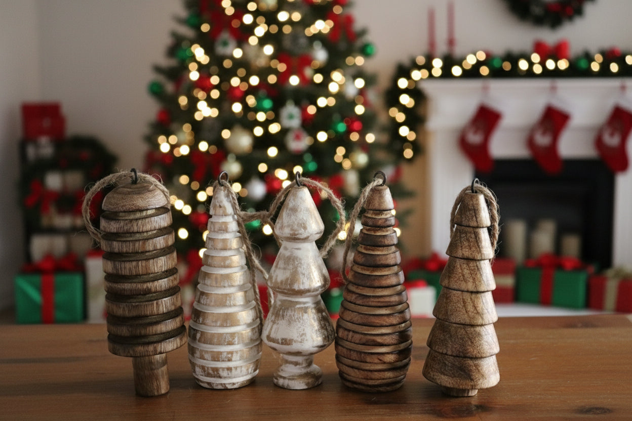 Set of 5 Scandinavian Wood Ornaments • Mango Wood Christmas Trees • Distressed White, Natural & Mixed Bundles • Nordic Holiday Décor