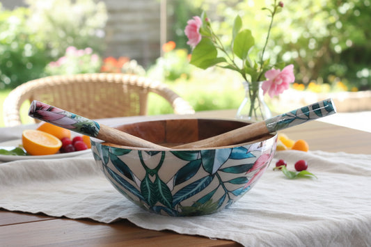 Tropical Lily Wooden Salad Bowl with Servers | Handcrafted Mango Wood Serving Bowl | Floral Entertaining Bowl | Wedding Gift | Housewarming Gift