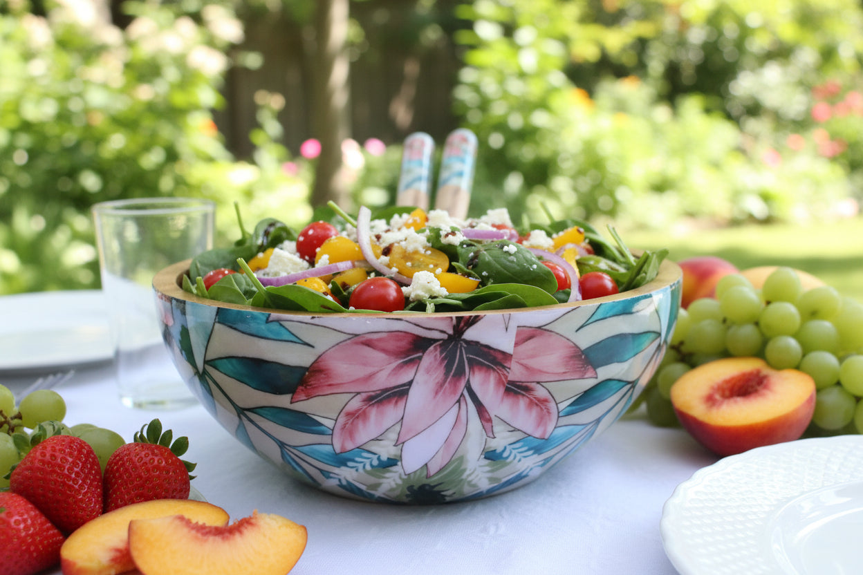 Tropical Lily Wooden Salad Bowl with Servers | Handcrafted Mango