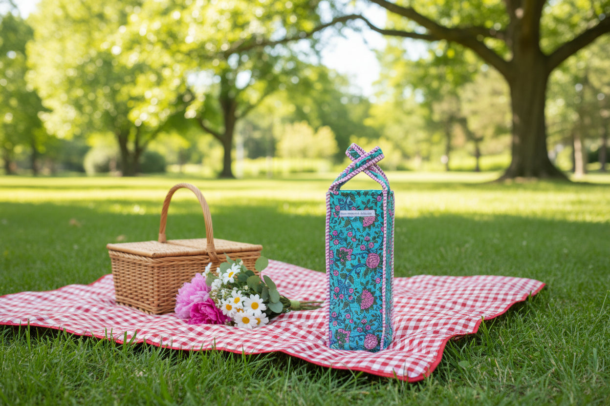 Floral Wine Tote Bag • Quilted Bottle Carrier • Picnic Wine Holder • Reusable Gift Bag • Handmade Fabric Wine Sleeve • Hostess Gift Idea