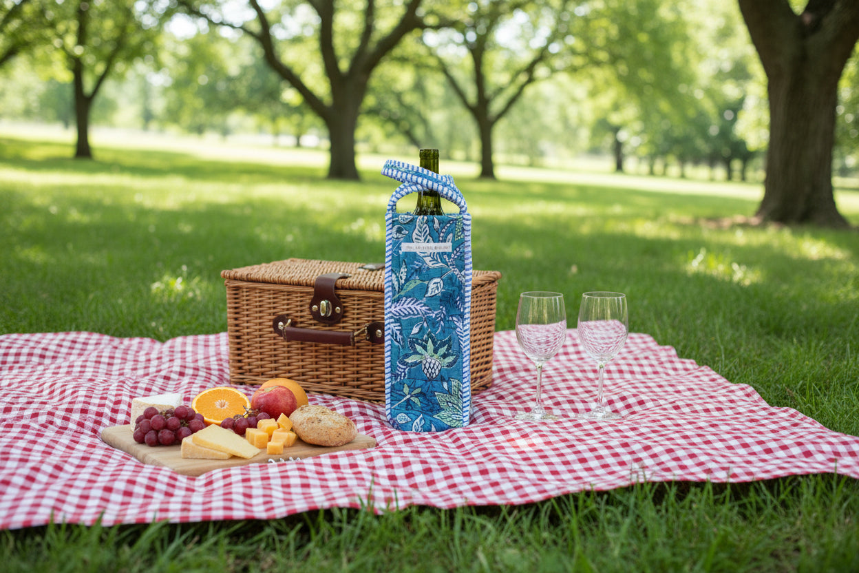 Pura Vida Quilted Block Print Wine Tote Bag - Reusable, Handmade Hostess Gift, Holiday Gift Bag