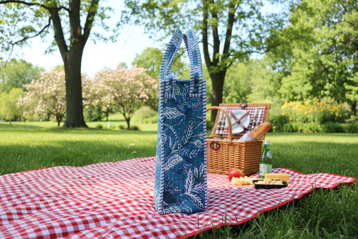 Pura Vida Quilted Block Print Wine Tote Bag - Reusable, Handmade Hostess Gift, Holiday Gift Bag